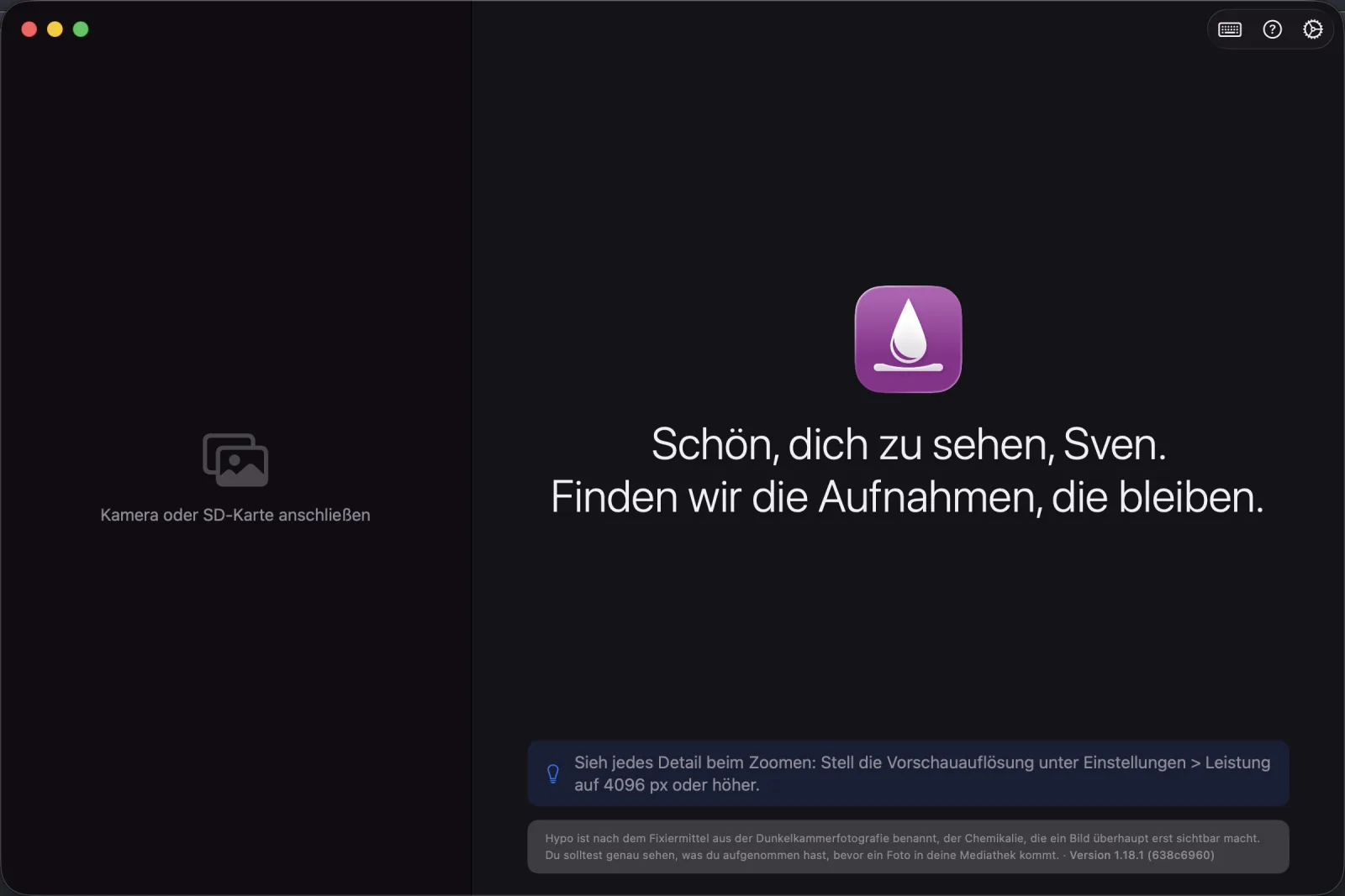 Der Begrüßungsbildschirm, bevor Karte oder Kamera verbunden ist